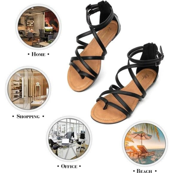 Womens Gladiator Strap Sandals Flat Cross Strappy Thong Summer Beach Shoes - Picture 5 of 6
